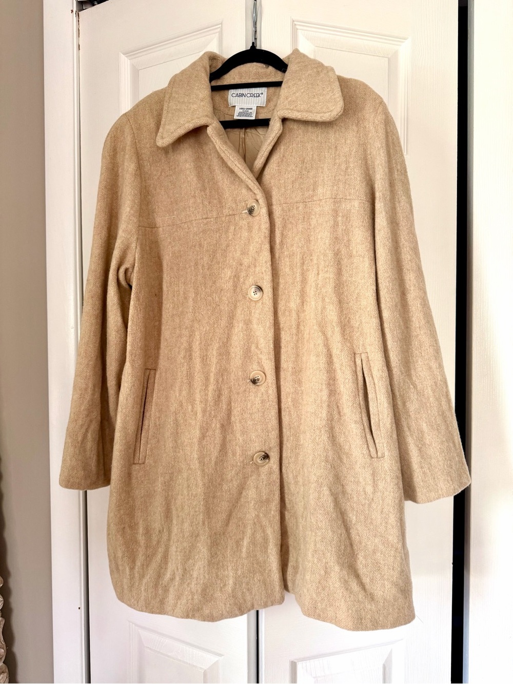 Vintage Cabin Creek Wool Blend Coat Large Beige Oatmeal Mid Length Pea Coat